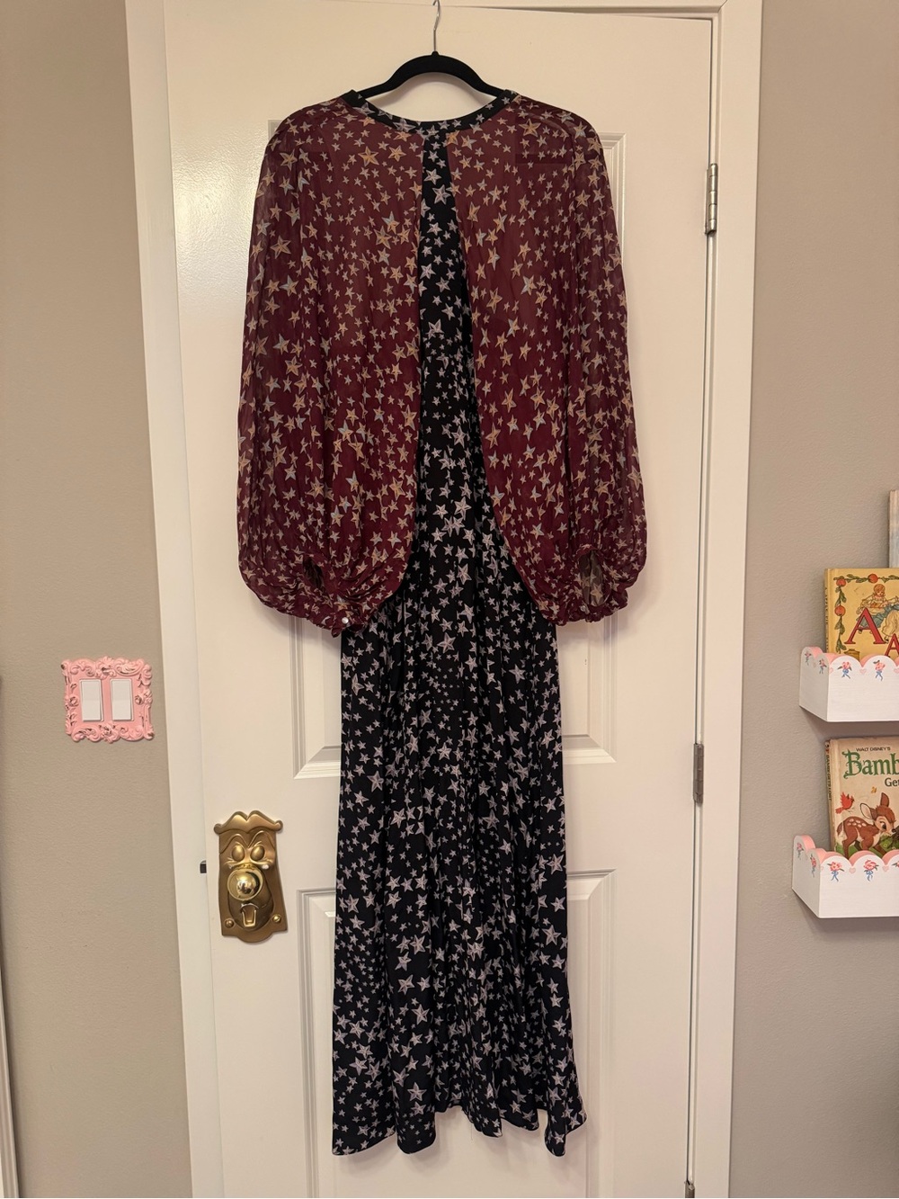 BCBG MAXAZRIA Star Print Silk Layered Dress in Burgundy and Navy